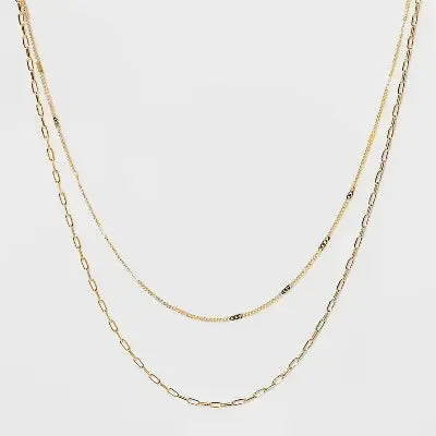 Open Box - 14K Gold Plated Flat Beaded & Link Chain Duo Necklace A New Day Gold