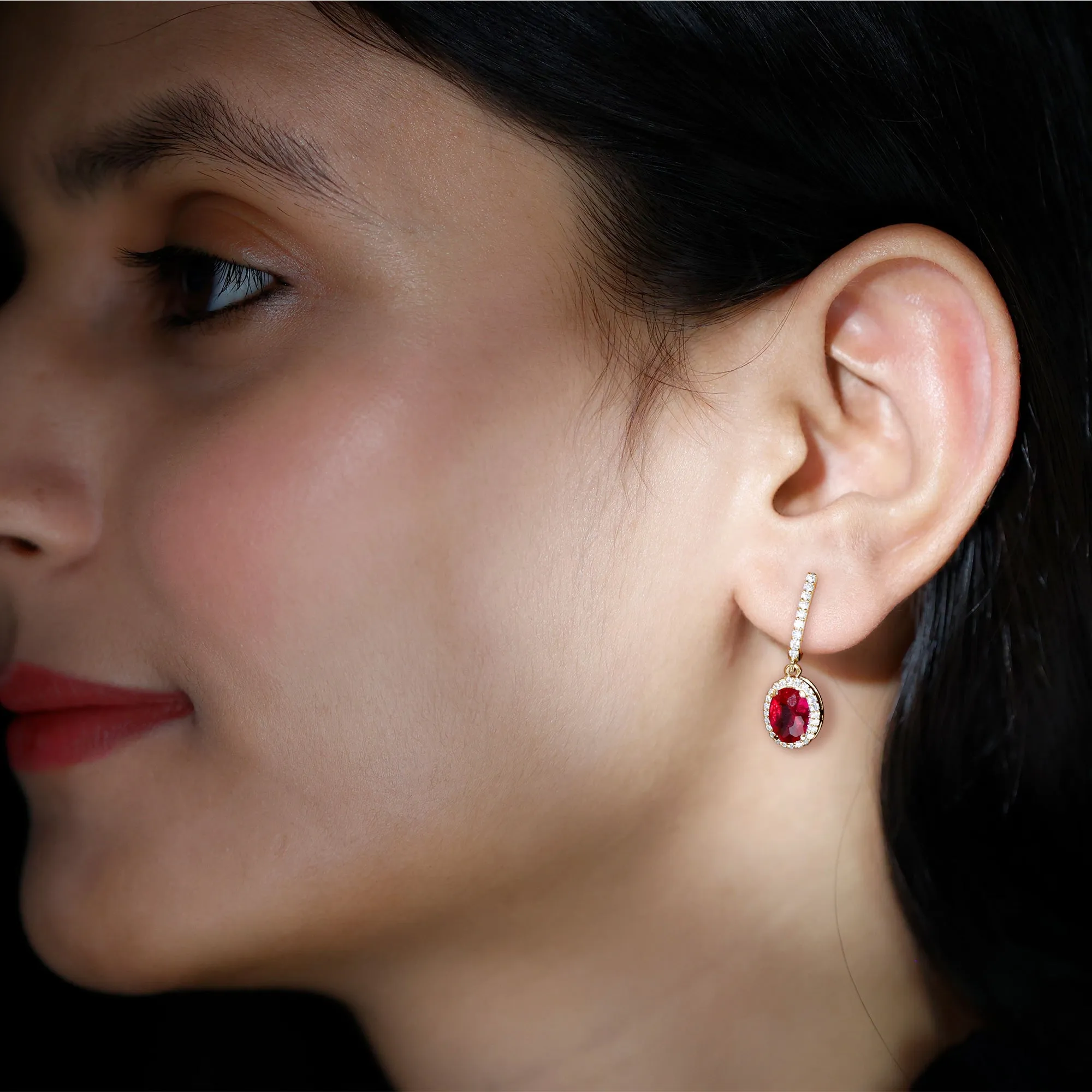 Oval Lab-Created Ruby Hoop Drop Earrings with Diamond Halo