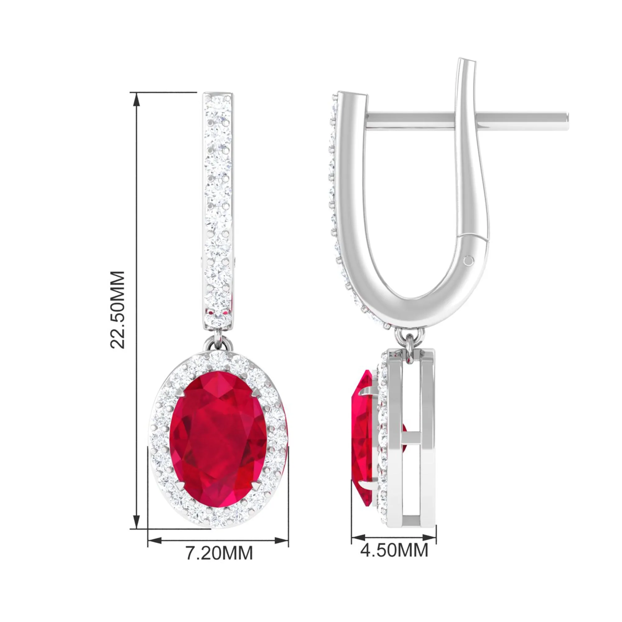 Oval Lab-Created Ruby Hoop Drop Earrings with Diamond Halo