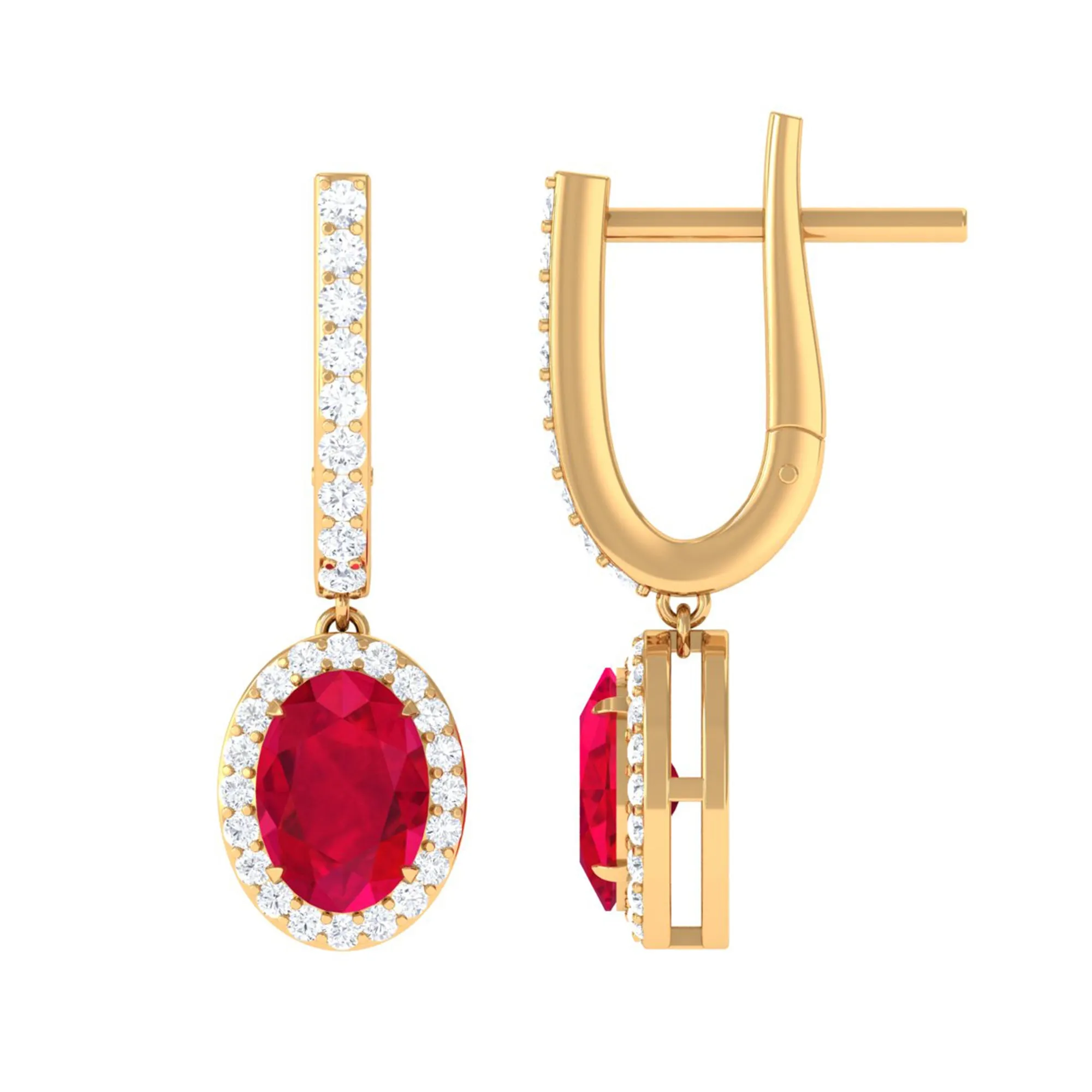 Oval Lab-Created Ruby Hoop Drop Earrings with Diamond Halo