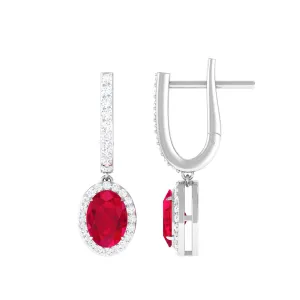 Oval Lab-Created Ruby Hoop Drop Earrings with Diamond Halo