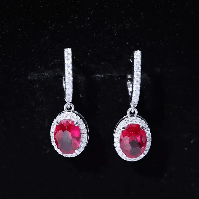 Oval Lab-Created Ruby Hoop Drop Earrings with Diamond Halo