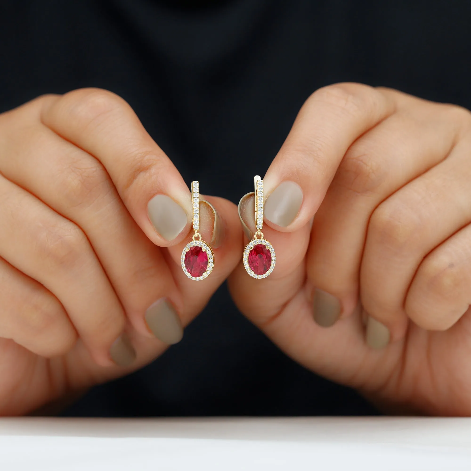 Oval Lab-Created Ruby Hoop Drop Earrings with Diamond Halo