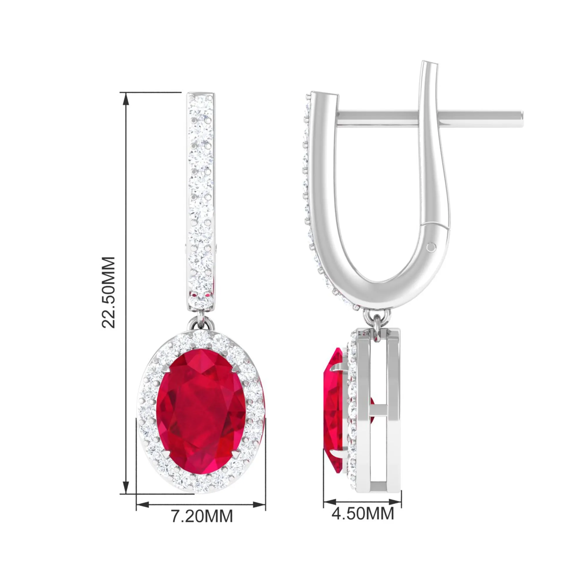 Oval Lab-Created Ruby Hoop Drop Earrings with Diamond Halo