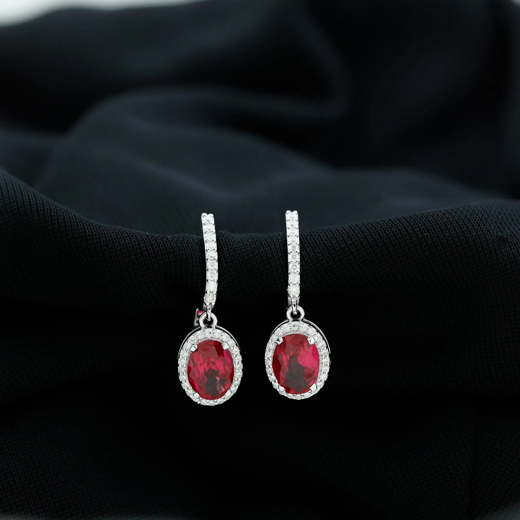 Oval Lab-Created Ruby Hoop Drop Earrings with Diamond Halo