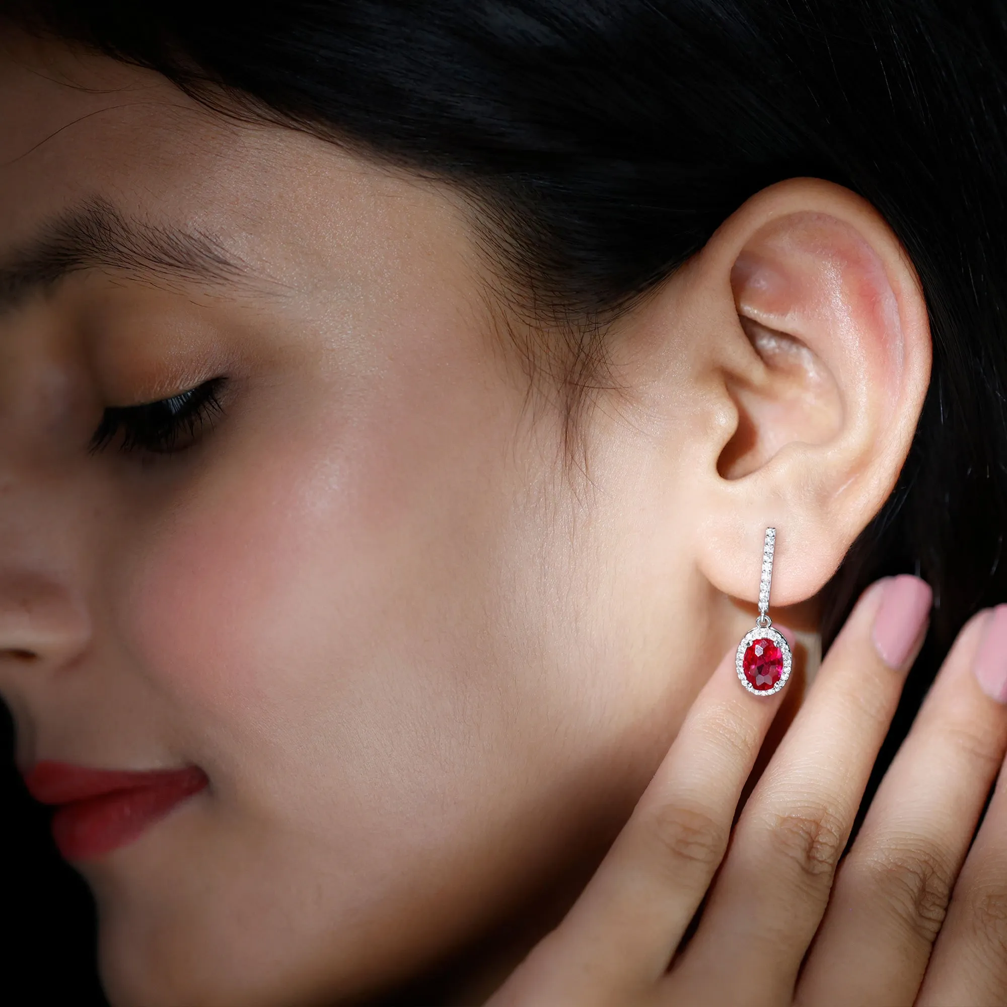 Oval Lab-Created Ruby Hoop Drop Earrings with Diamond Halo