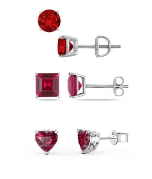 Paris Jewelry 18k White Gold 4Cttw Created Ruby 3 Pair Round, Square And Heart Stud Earrings Plated