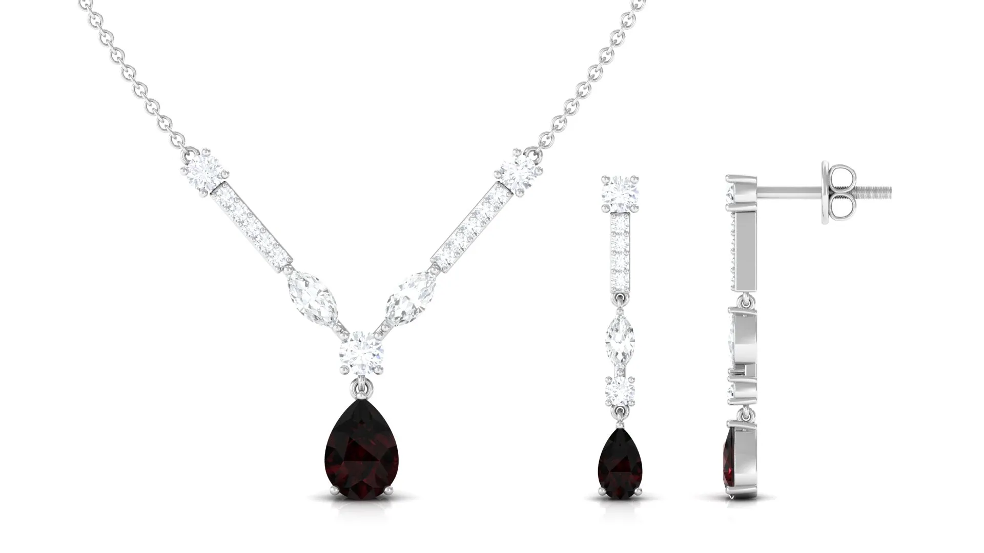 Pear Shape Garnet and Moissanite Drop Jewelry Set