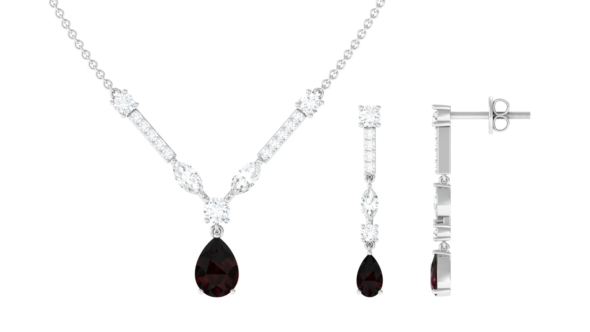 Pear Shape Garnet and Moissanite Drop Jewelry Set