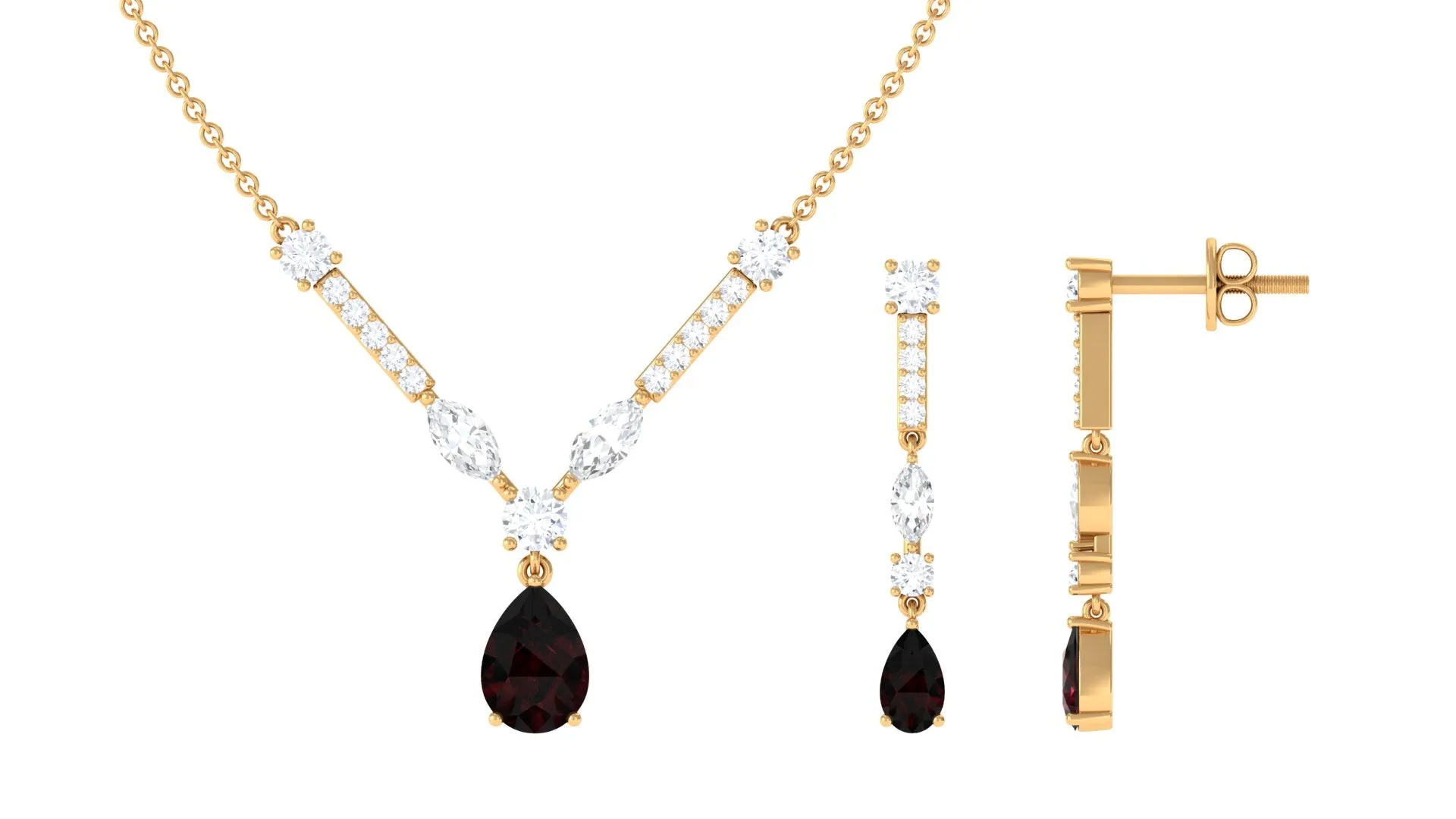 Pear Shape Garnet and Moissanite Drop Jewelry Set