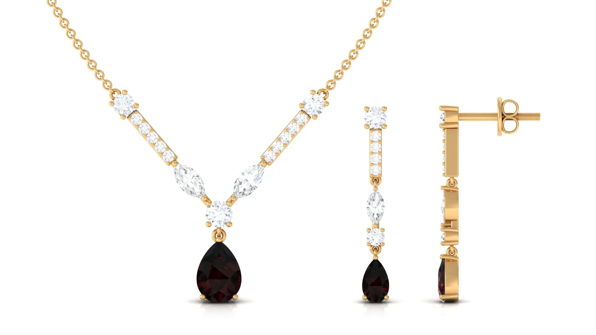 Pear Shape Garnet and Moissanite Drop Jewelry Set