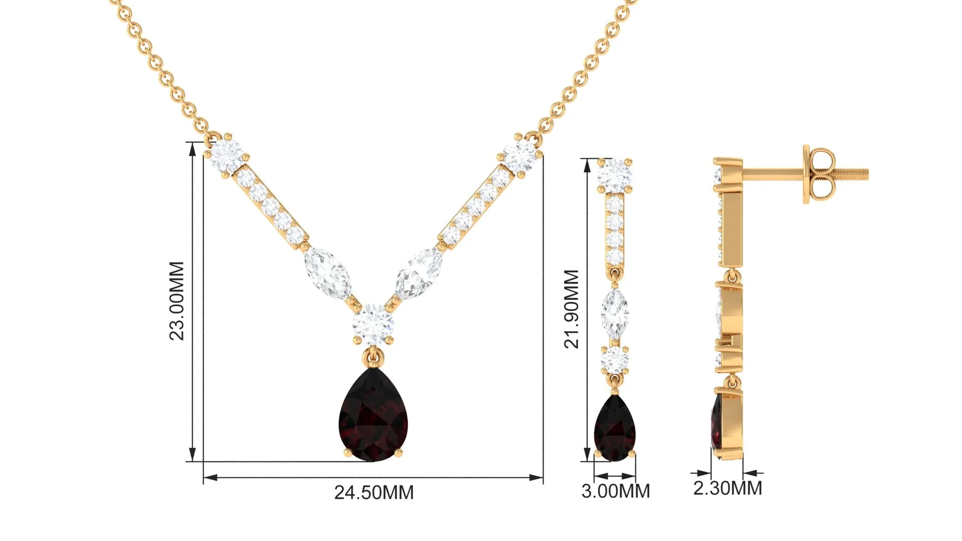 Pear Shape Garnet and Moissanite Drop Jewelry Set