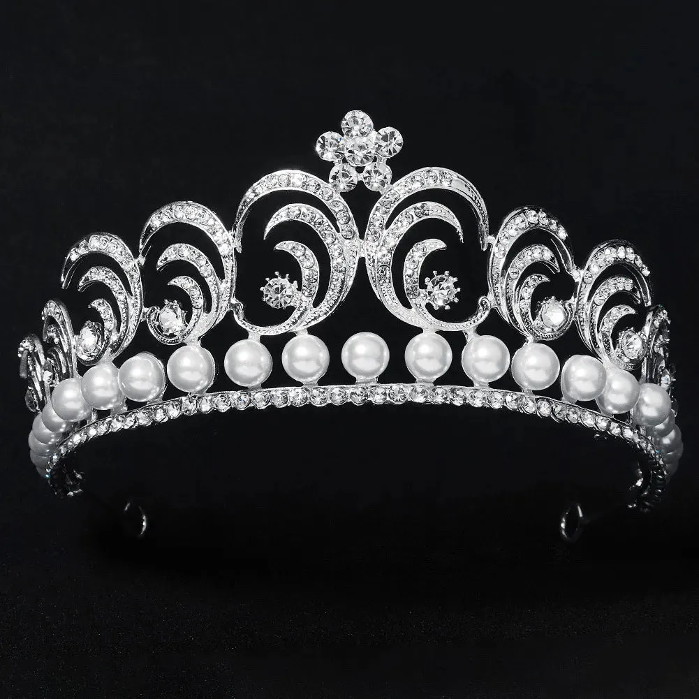 Pearl Crystal Crown Tiara Vintage Style For Women Hair Accessory