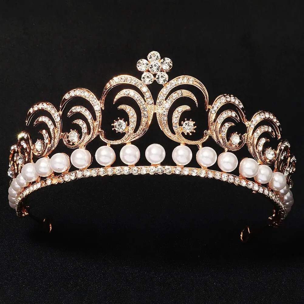 Pearl Crystal Crown Tiara Vintage Style For Women Hair Accessory