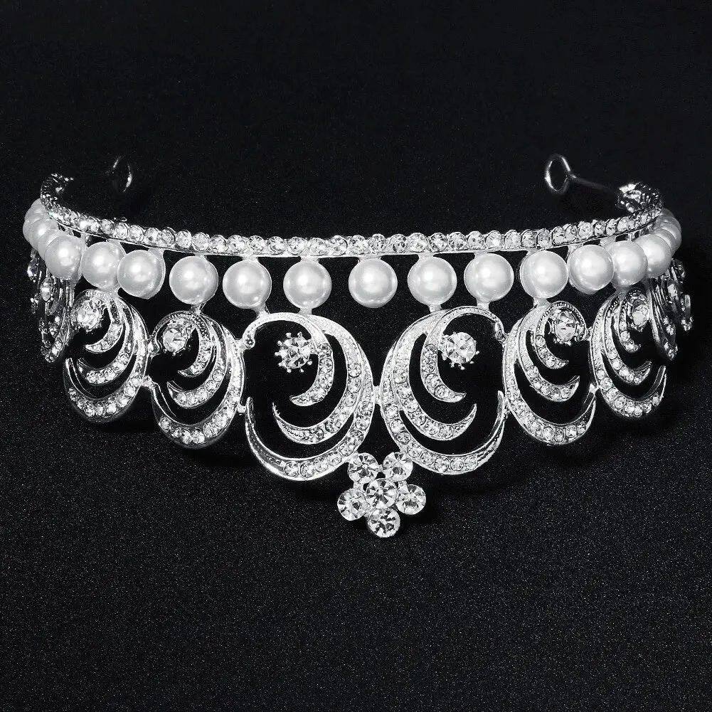 Pearl Crystal Crown Tiara Vintage Style For Women Hair Accessory