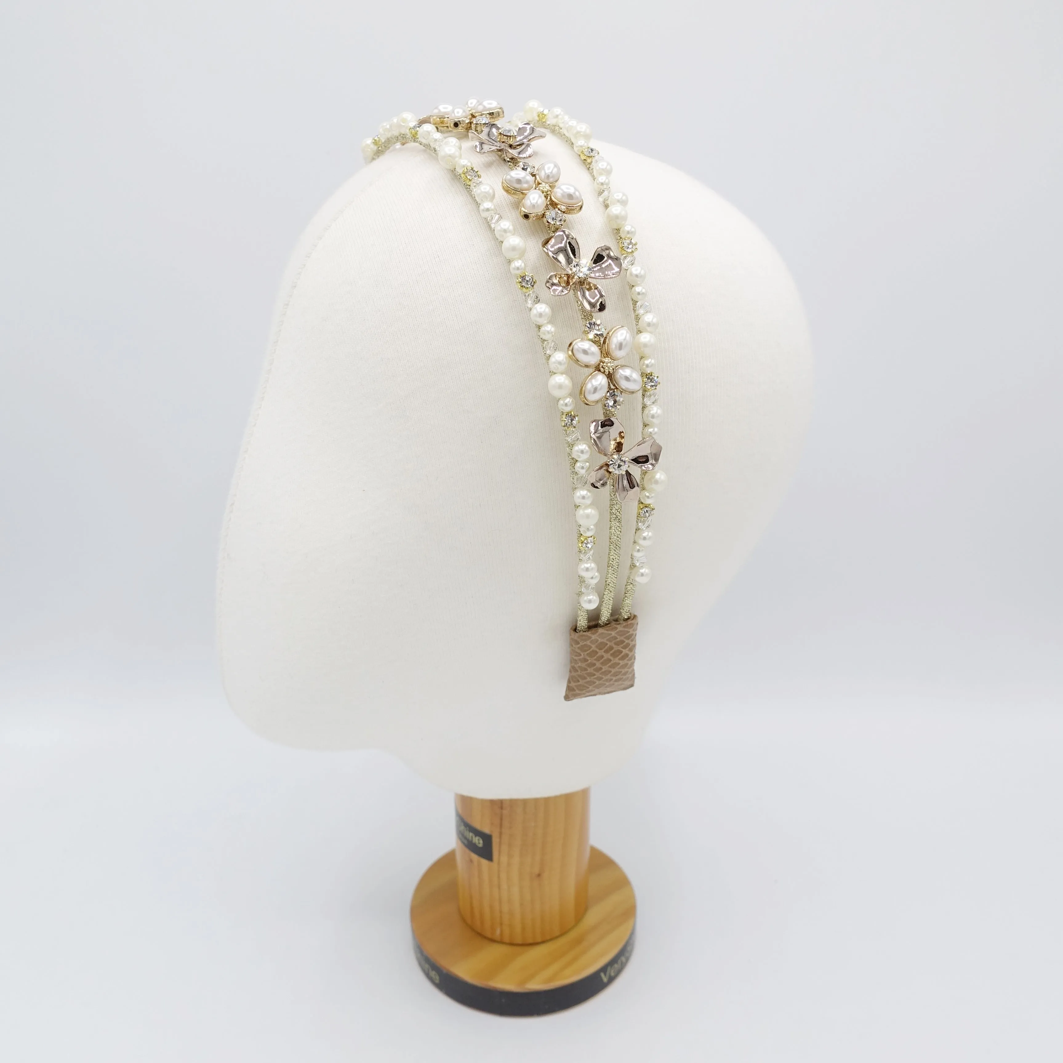 pearl triple headband petal rhinestone bridal hair accessory for women