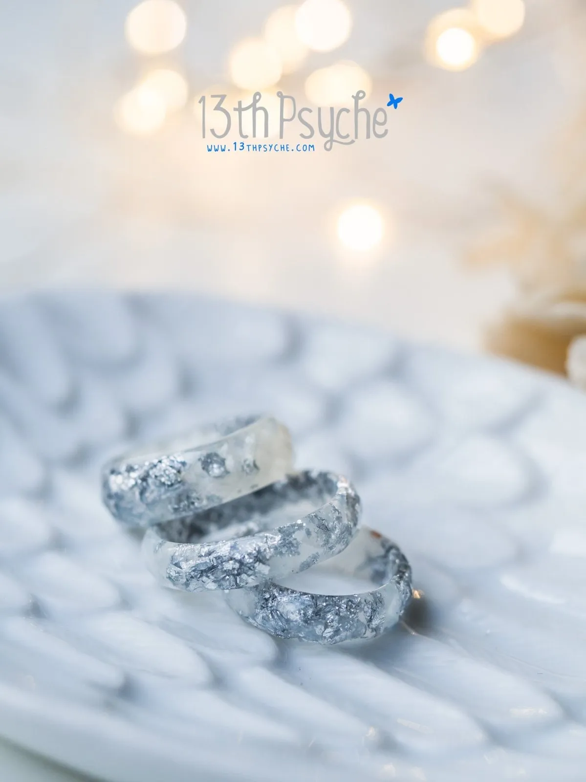 Pearl white and silver flakes faceted resin ring