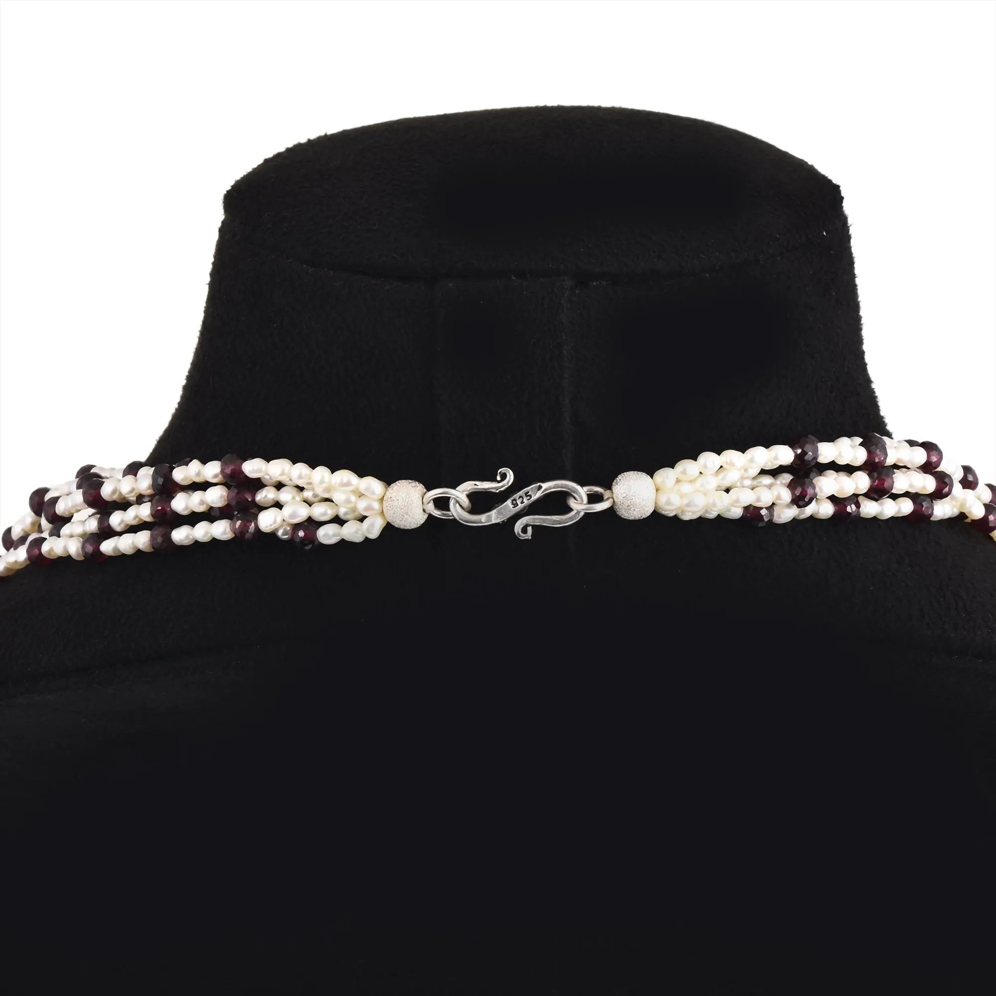 Pearl with Garnet Gemstone Beaded Silver Necklace