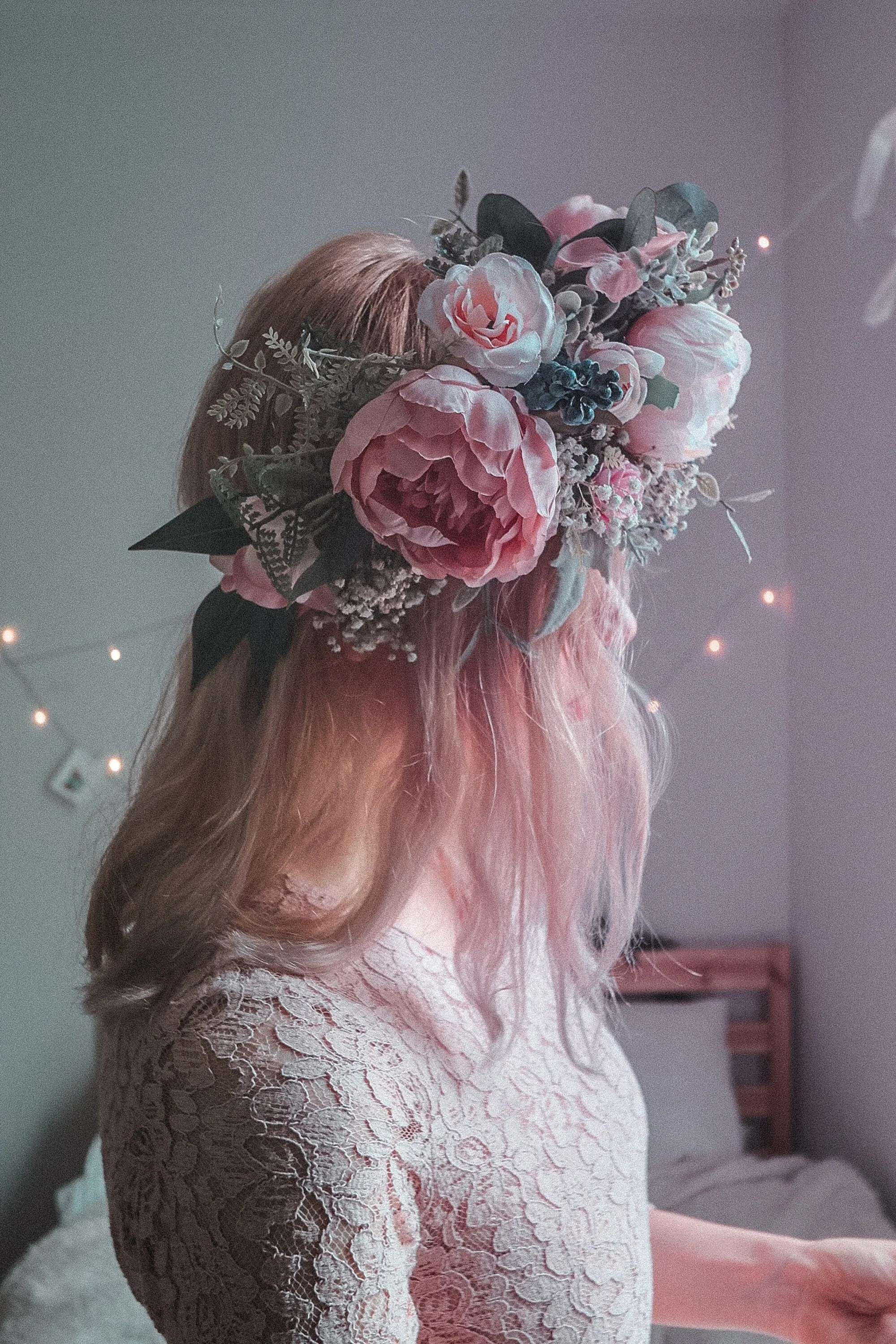 Pink and White Boho Flower Crown / Boho Headpiece / Festival Crown / Bridal Crown with dried gypsophilas and artificial peonies