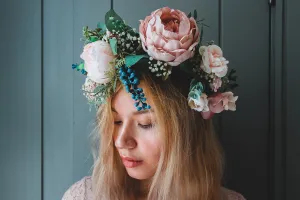 Pink and White Boho Flower Crown / Boho Headpiece / Festival Crown / Bridal Crown with dried gypsophilas and artificial peonies