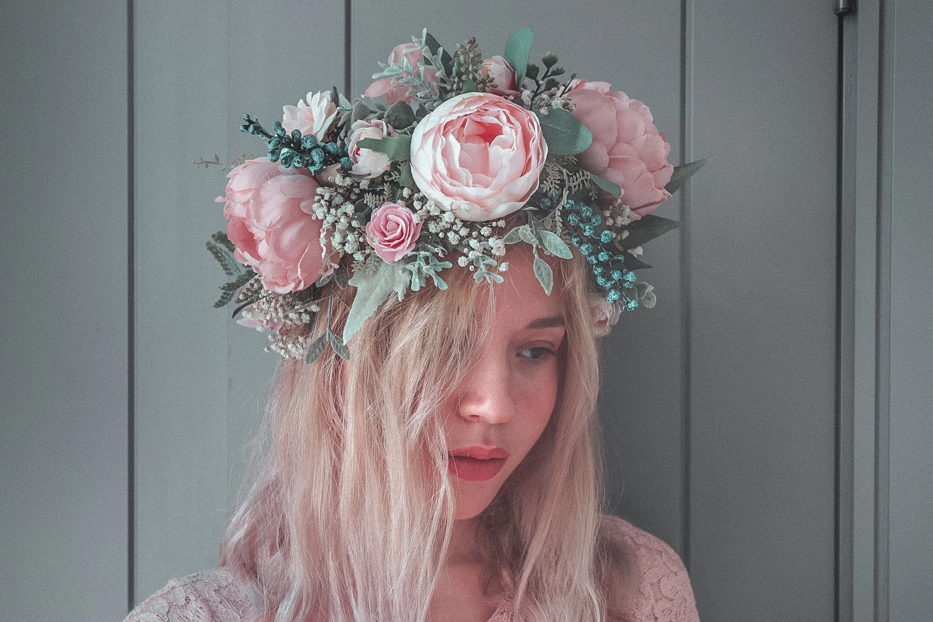 Pink and White Boho Flower Crown / Boho Headpiece / Festival Crown / Bridal Crown with dried gypsophilas and artificial peonies