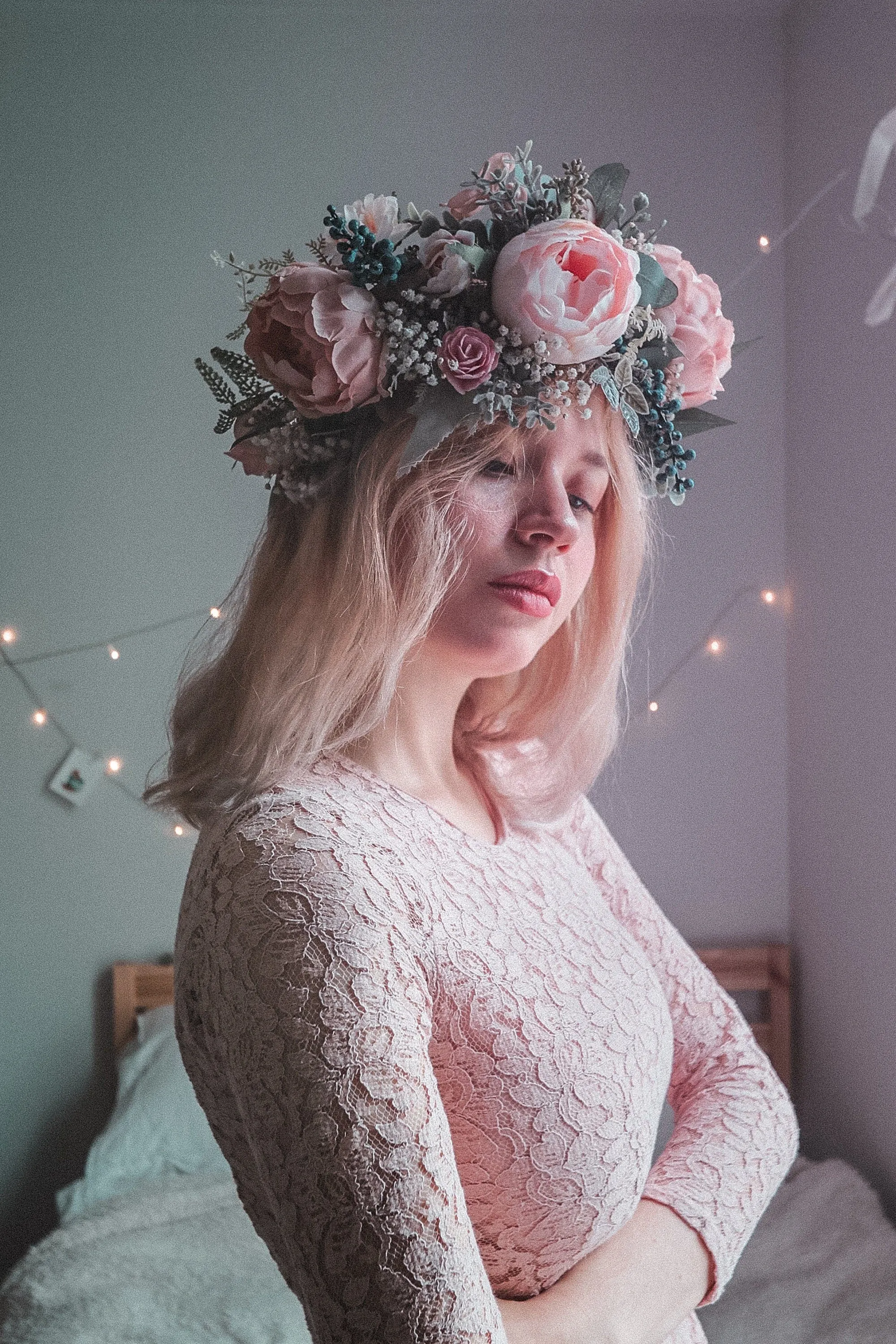 Pink and White Boho Flower Crown / Boho Headpiece / Festival Crown / Bridal Crown with dried gypsophilas and artificial peonies