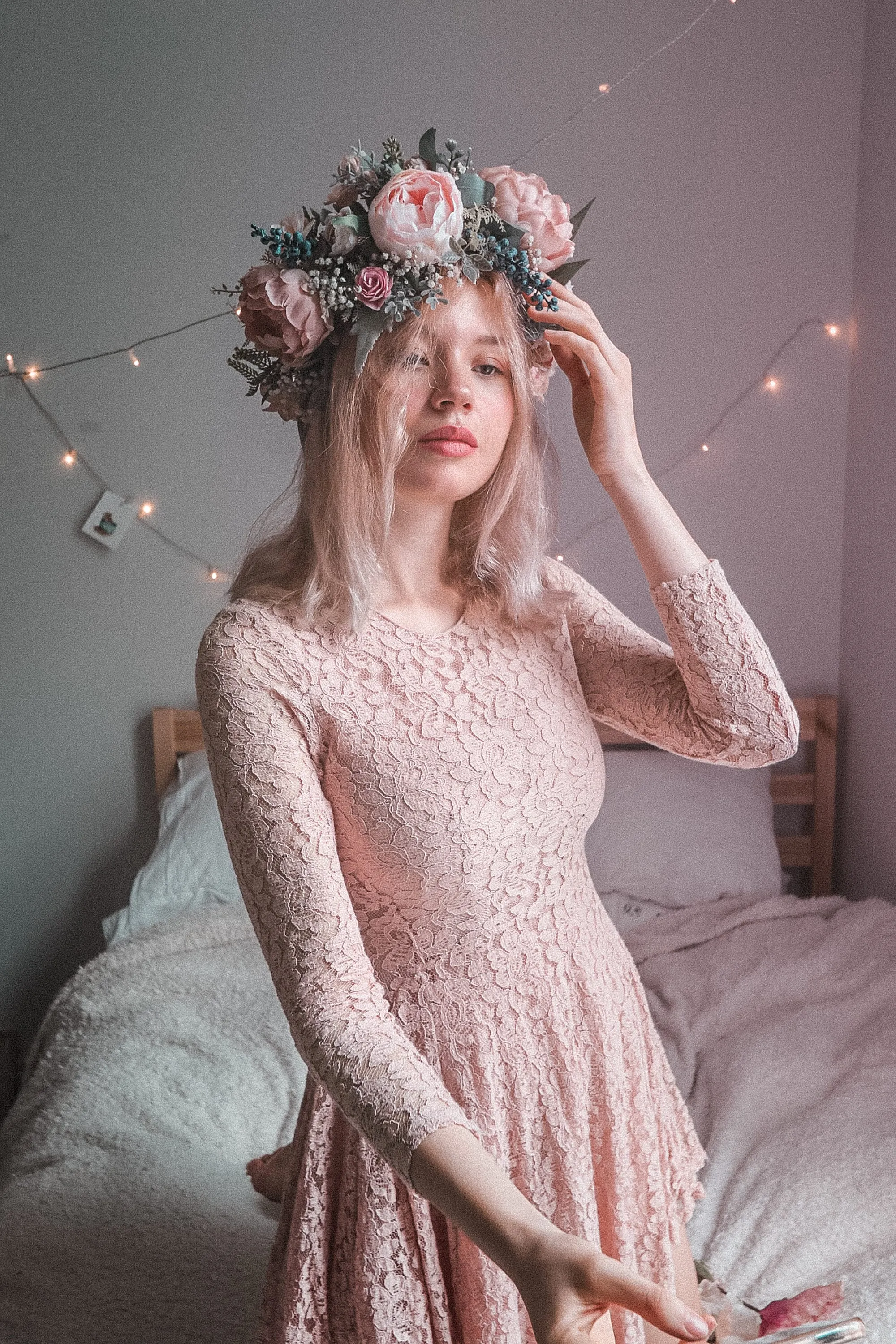 Pink and White Boho Flower Crown / Boho Headpiece / Festival Crown / Bridal Crown with dried gypsophilas and artificial peonies