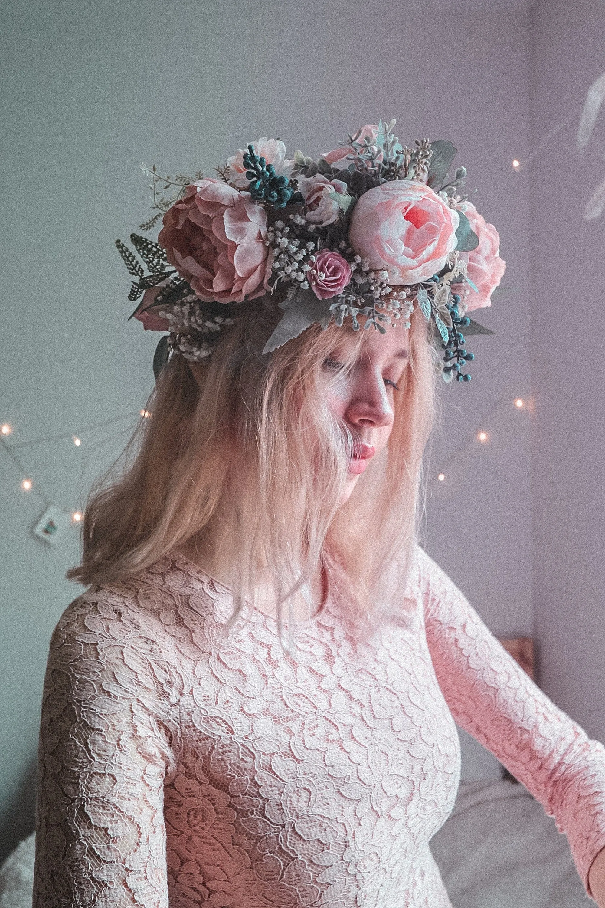 Pink and White Boho Flower Crown / Boho Headpiece / Festival Crown / Bridal Crown with dried gypsophilas and artificial peonies