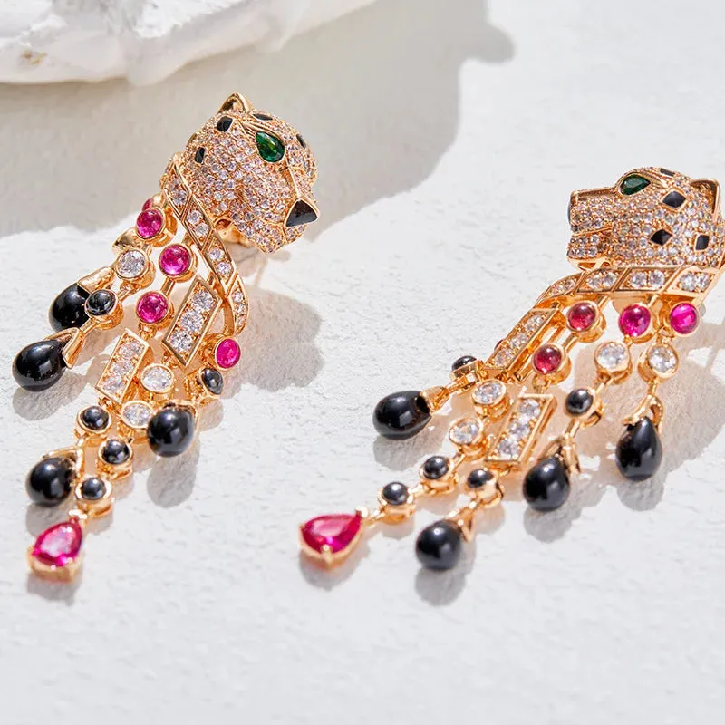 Pre Order:  Panther Rhinestone Tassel Dangle Earrings