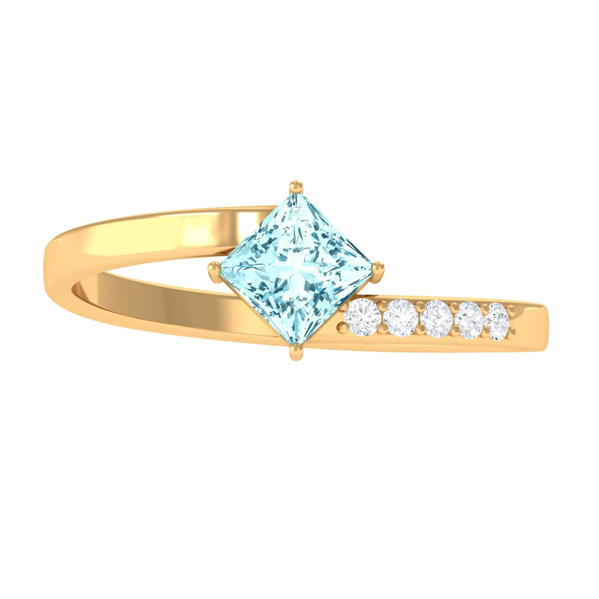 Princess Cut Aquamarine Bypass Solitaire Ring with Diamond