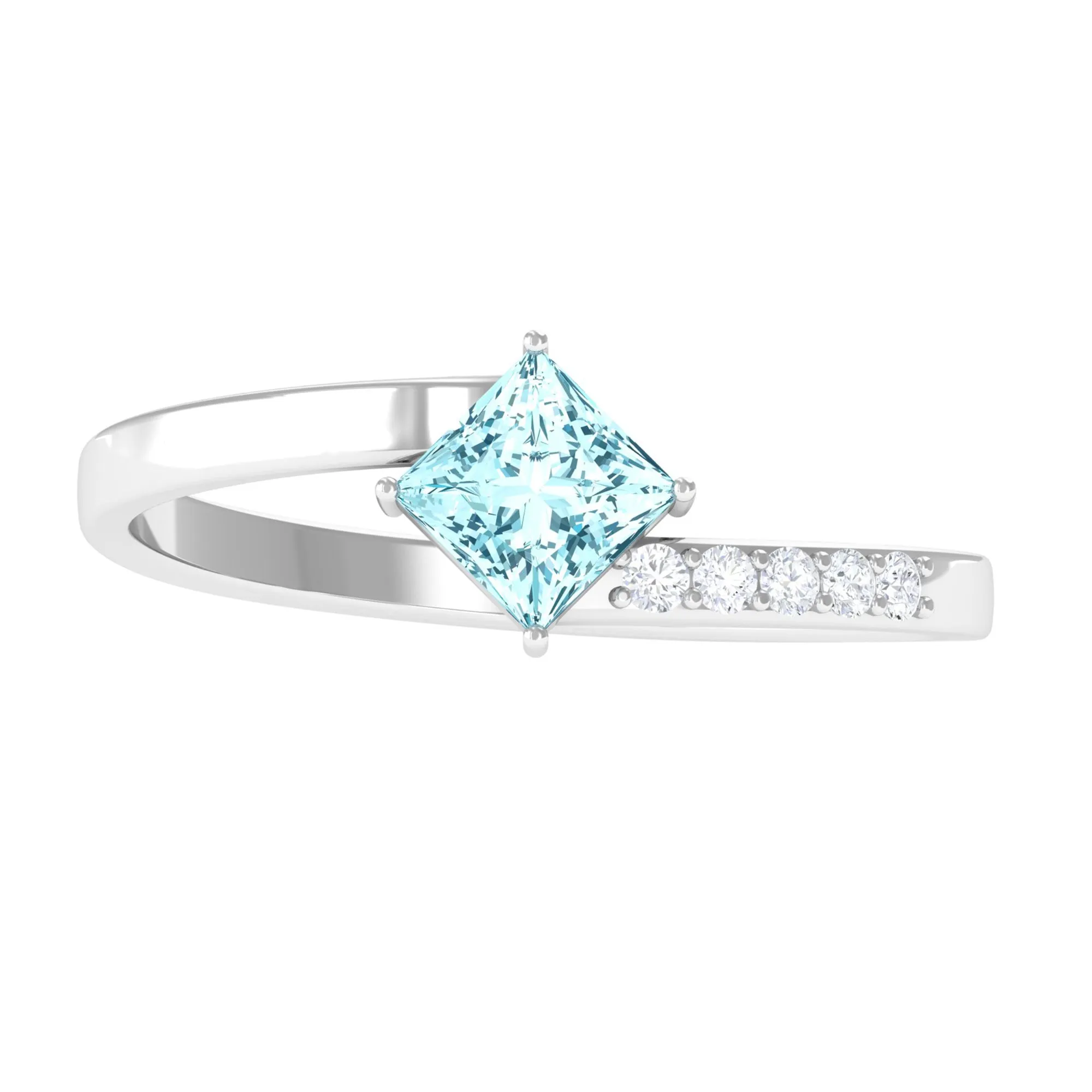 Princess Cut Aquamarine Bypass Solitaire Ring with Diamond