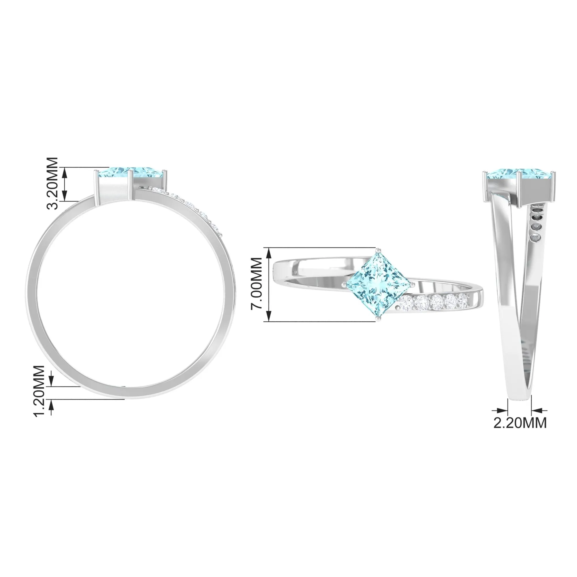 Princess Cut Aquamarine Bypass Solitaire Ring with Diamond