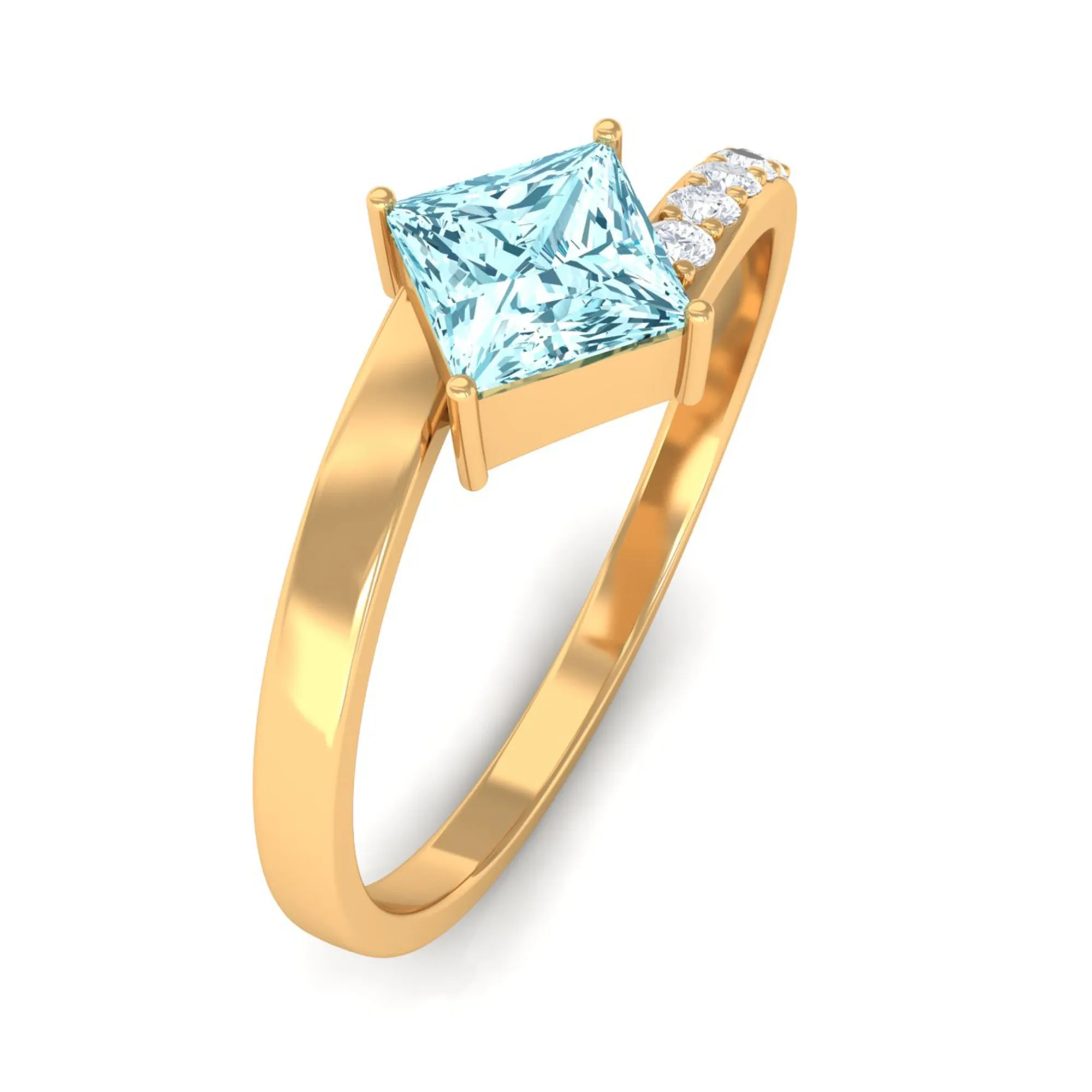 Princess Cut Aquamarine Bypass Solitaire Ring with Diamond