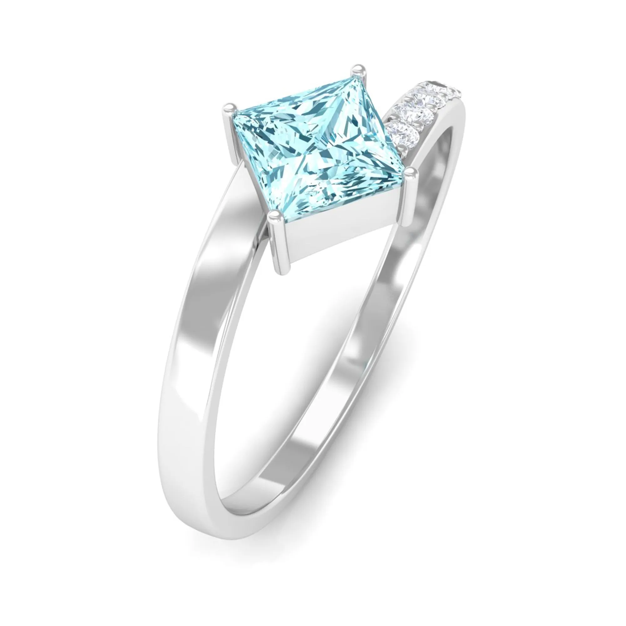 Princess Cut Aquamarine Bypass Solitaire Ring with Diamond