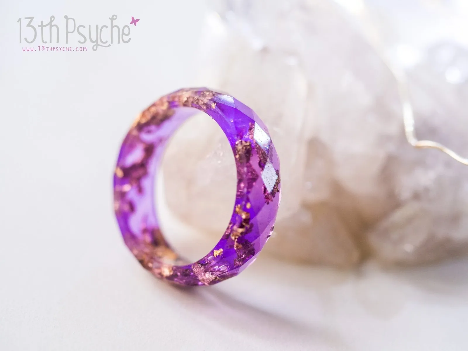 Purple and gold flakes faceted resin ring