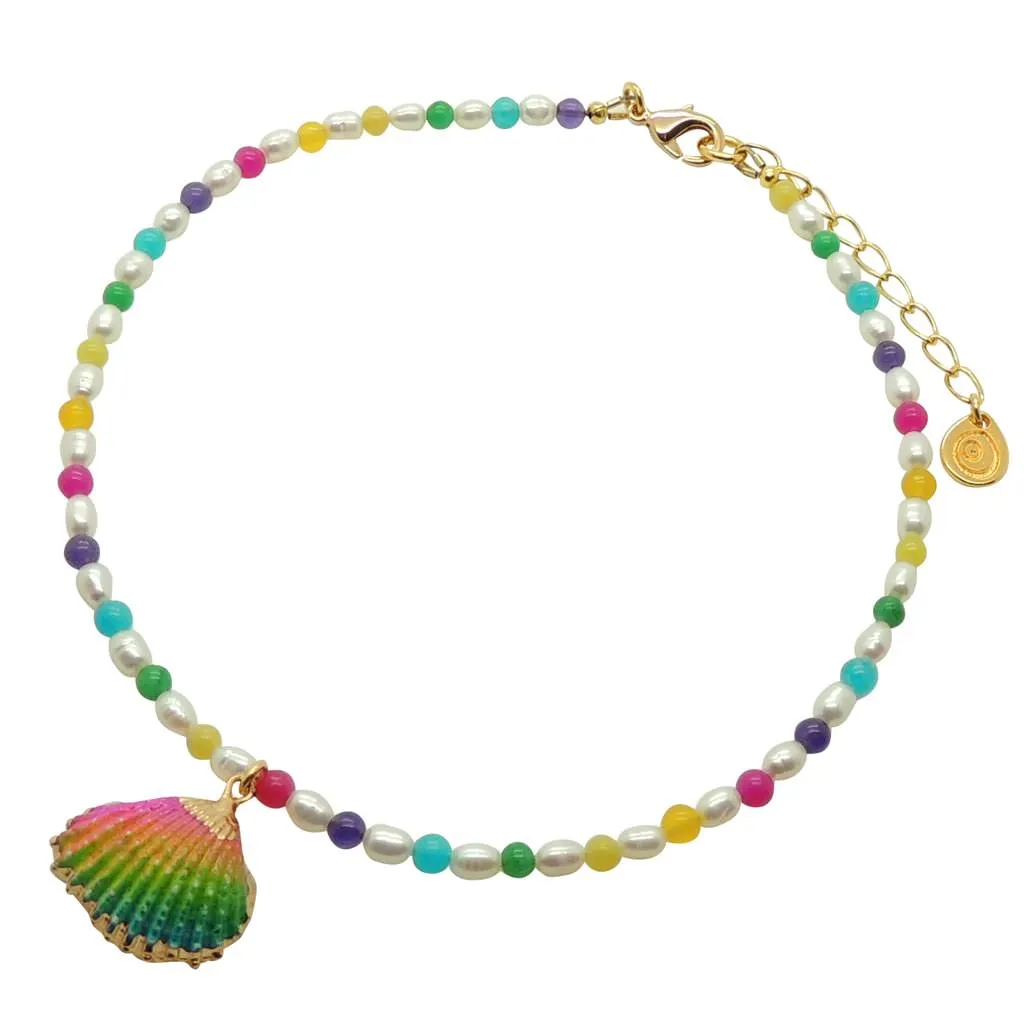 Rainbow Seashell Charm Freshwater Pearl Choker