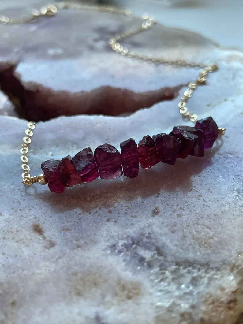 Raw Garnet Bar  Necklace On 14k Gold Filled or Sterling Silver Chain