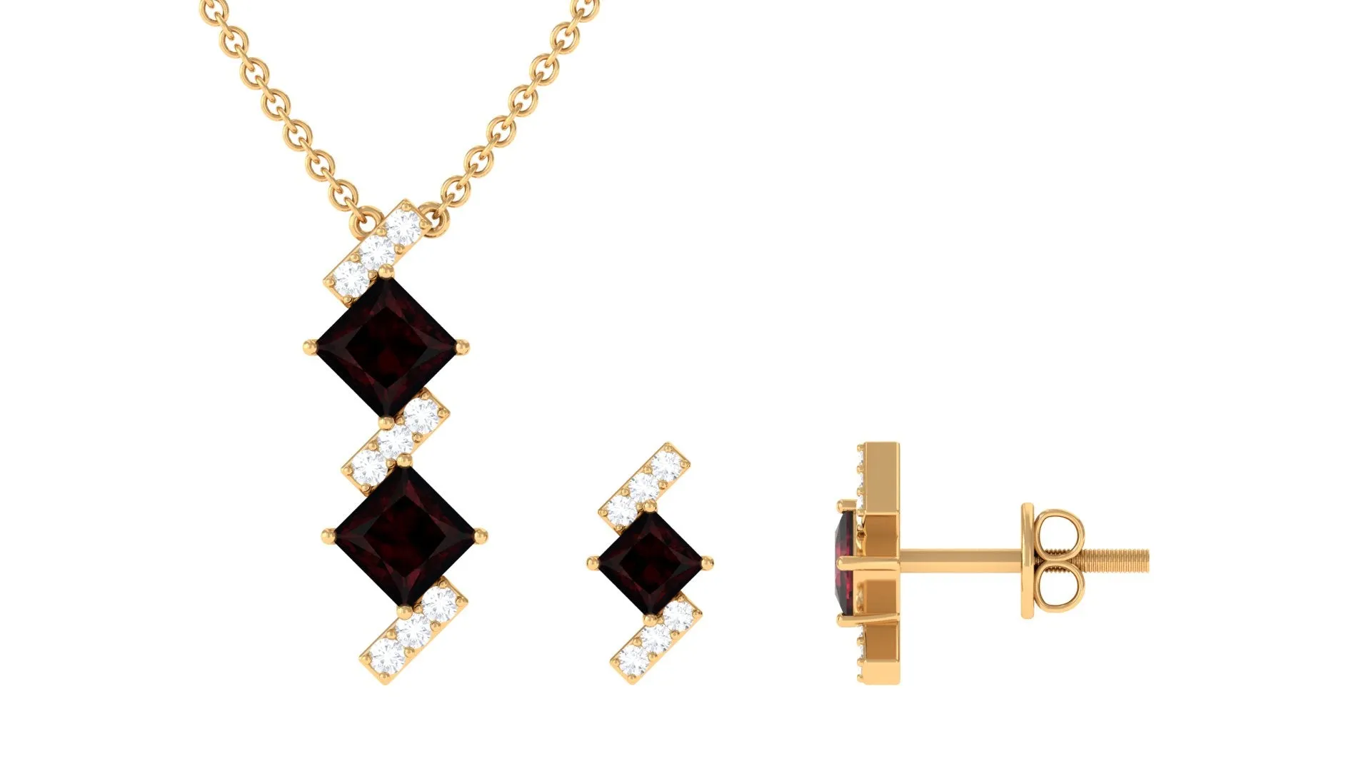 Real Garnet Pendant and Earrings Set with Diamond