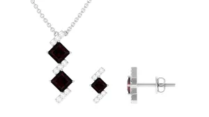 Real Garnet Pendant and Earrings Set with Diamond