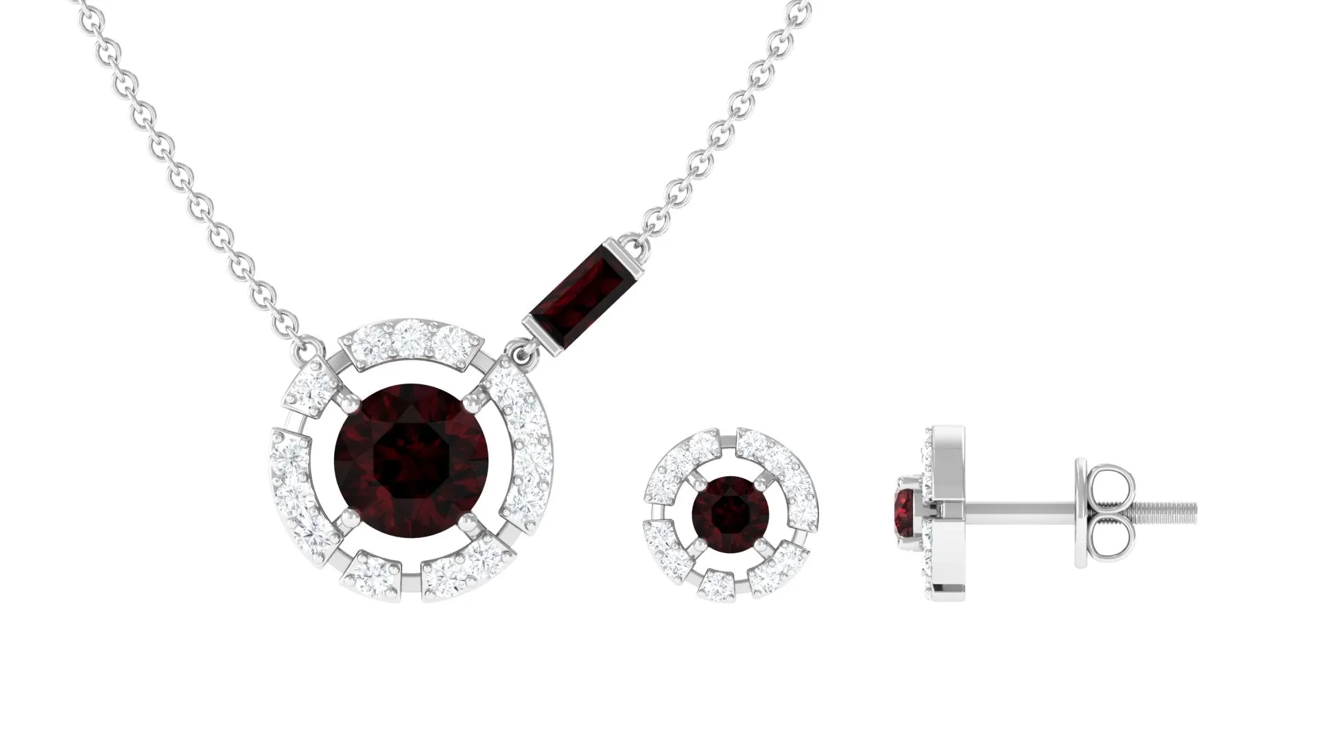 Real Garnet Pendant Necklace and Earrings Set With Diamond