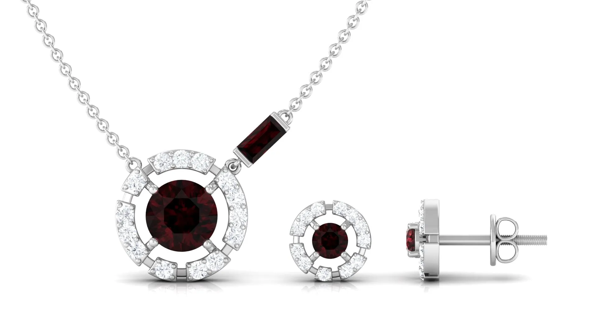 Real Garnet Pendant Necklace and Earrings Set With Diamond