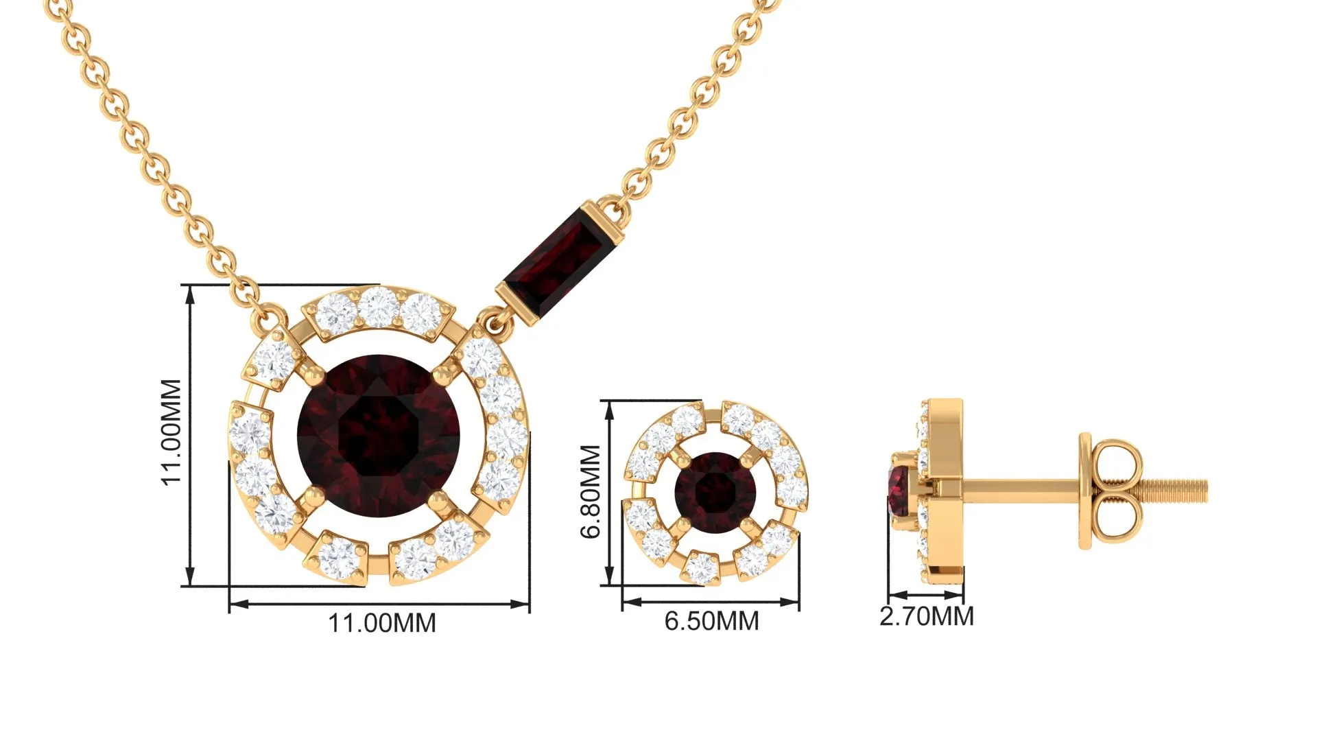 Real Garnet Pendant Necklace and Earrings Set With Diamond