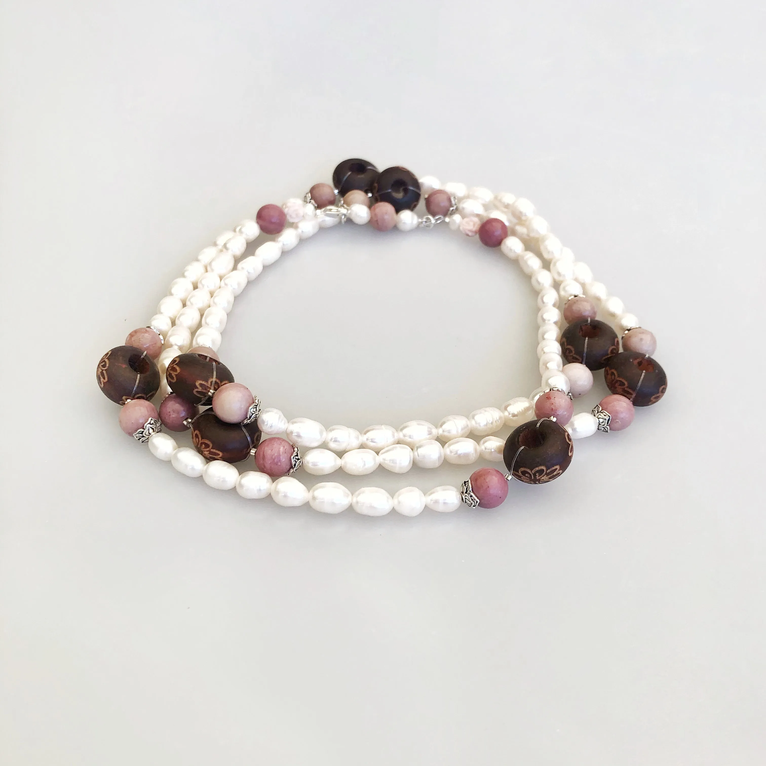 Return to Origin Beaded Wood and Pearl Necklace