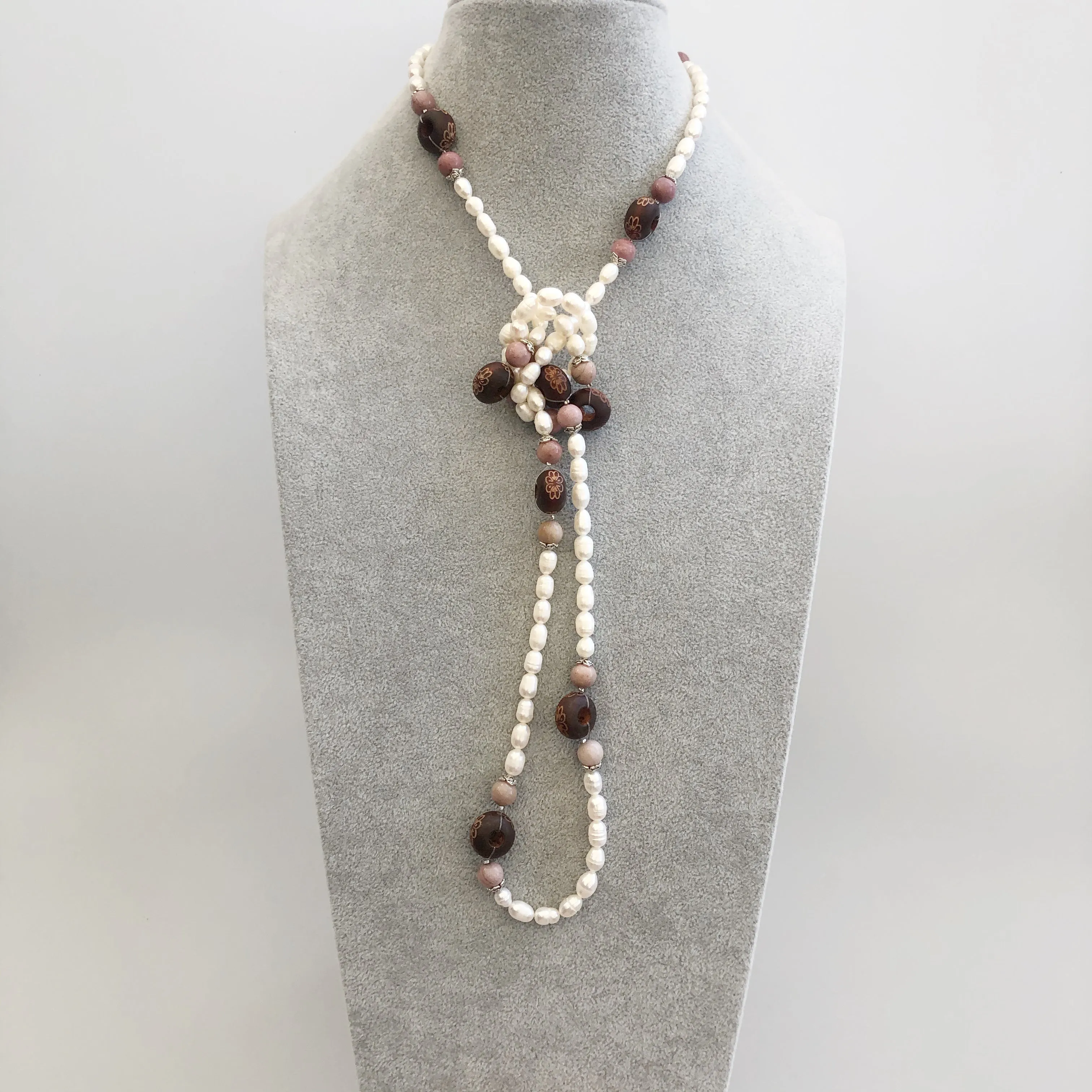 Return to Origin Beaded Wood and Pearl Necklace