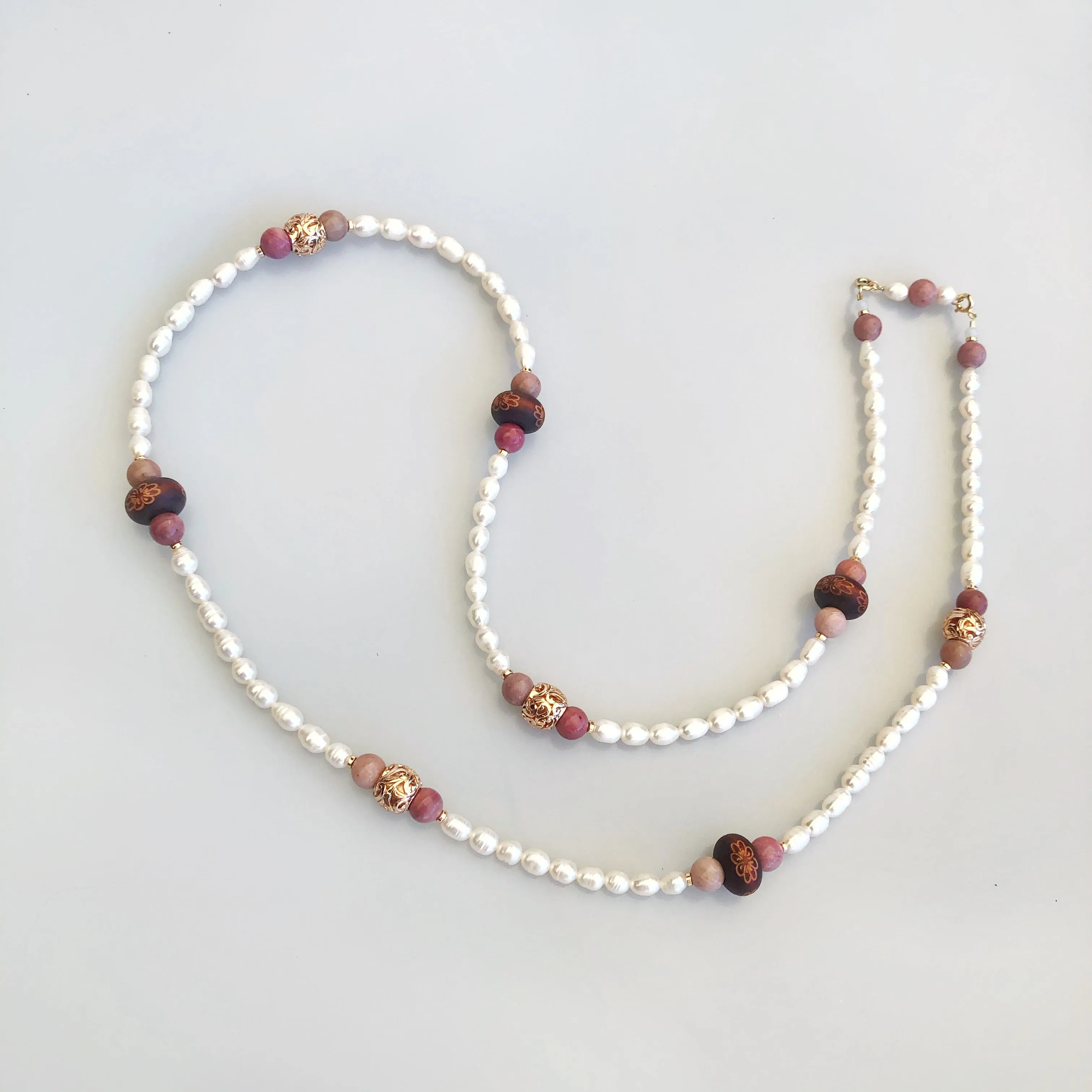 Return to Origin Beaded Wood and Pearl Necklace