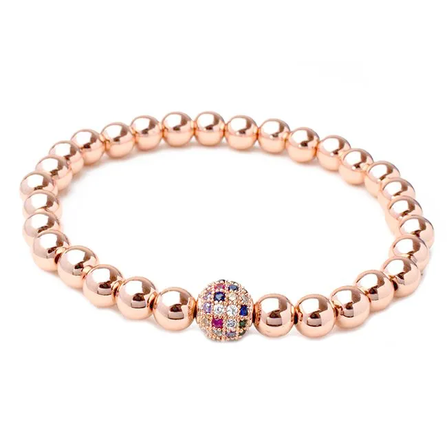 Rose Gold Plated Beaded Multi Color CZ Stretch Bracelet