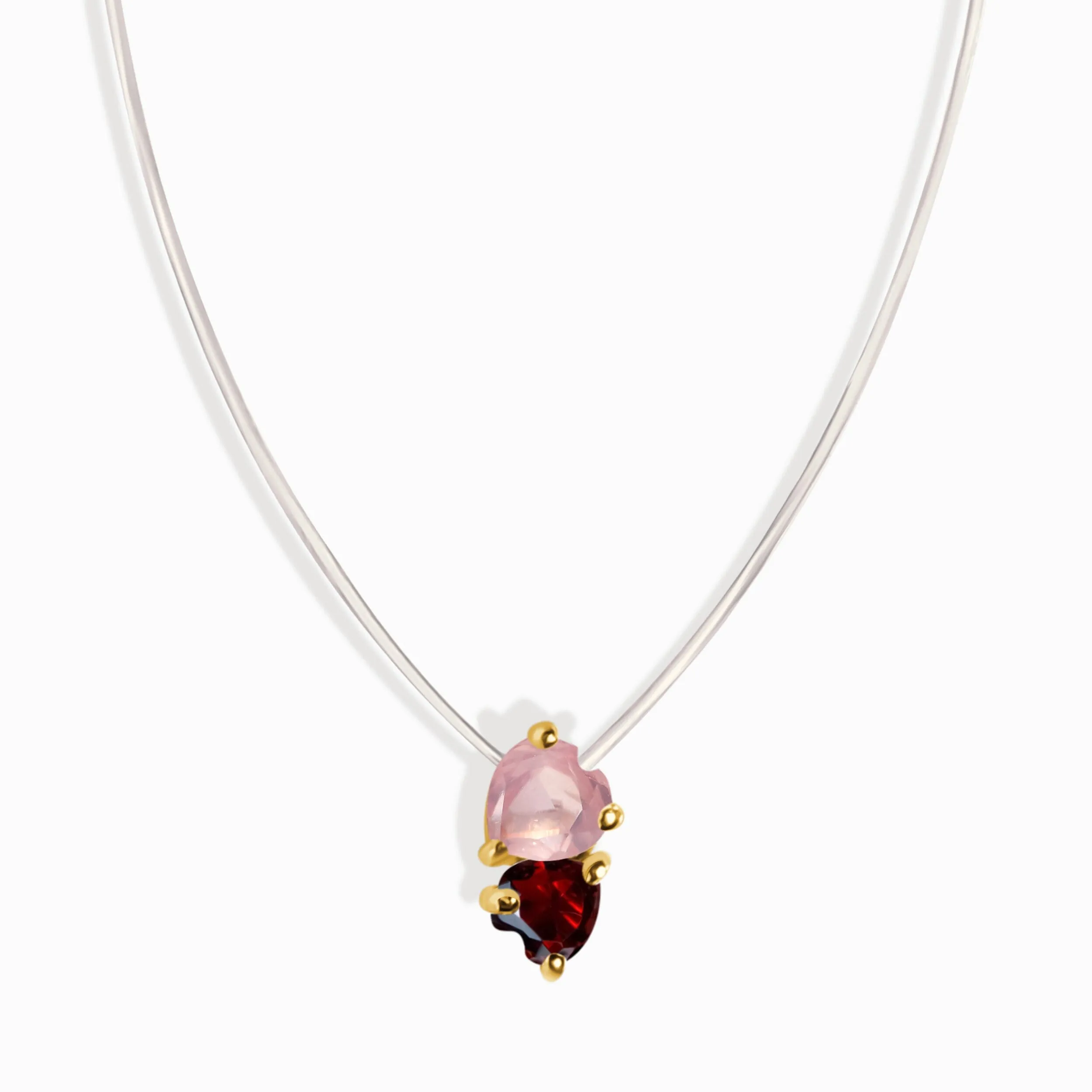 Rose Quartz & Garnet Necklace - Floating Hearts