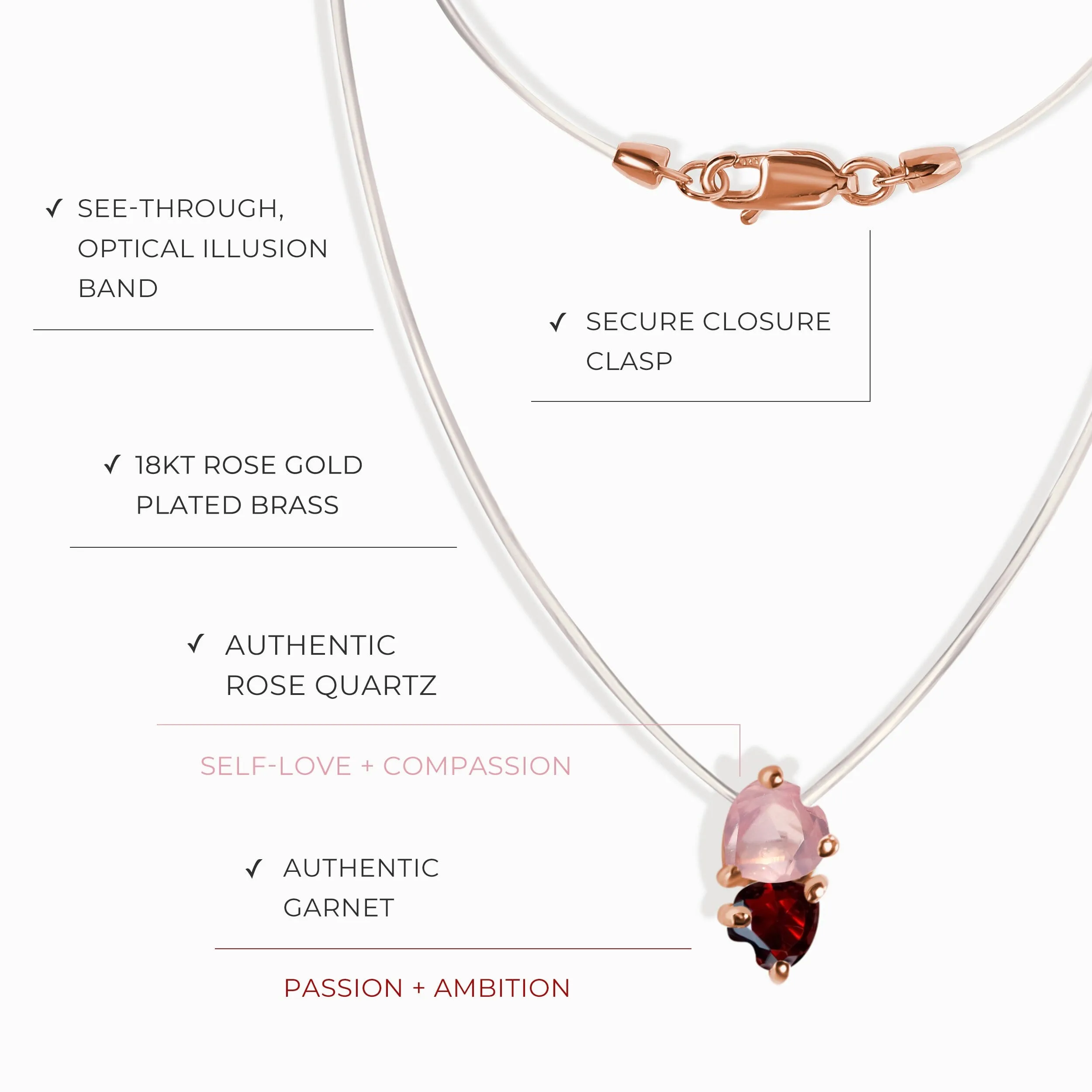 Rose Quartz & Garnet Necklace - Floating Hearts