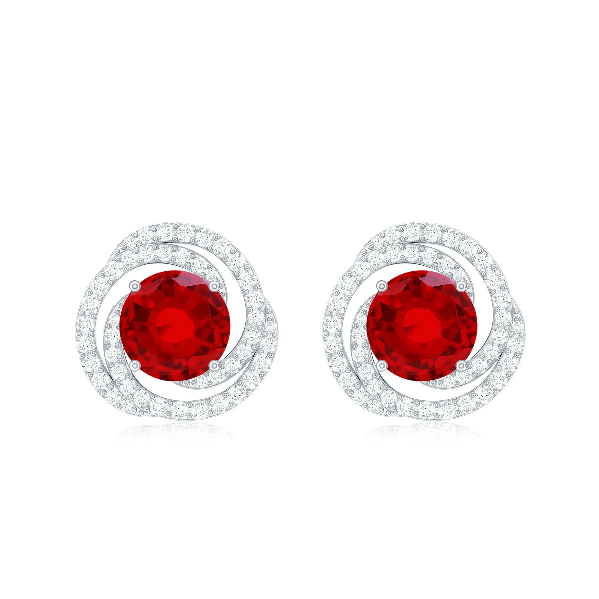 Round Created Ruby Braided Halo Stud Earrings with Diamond