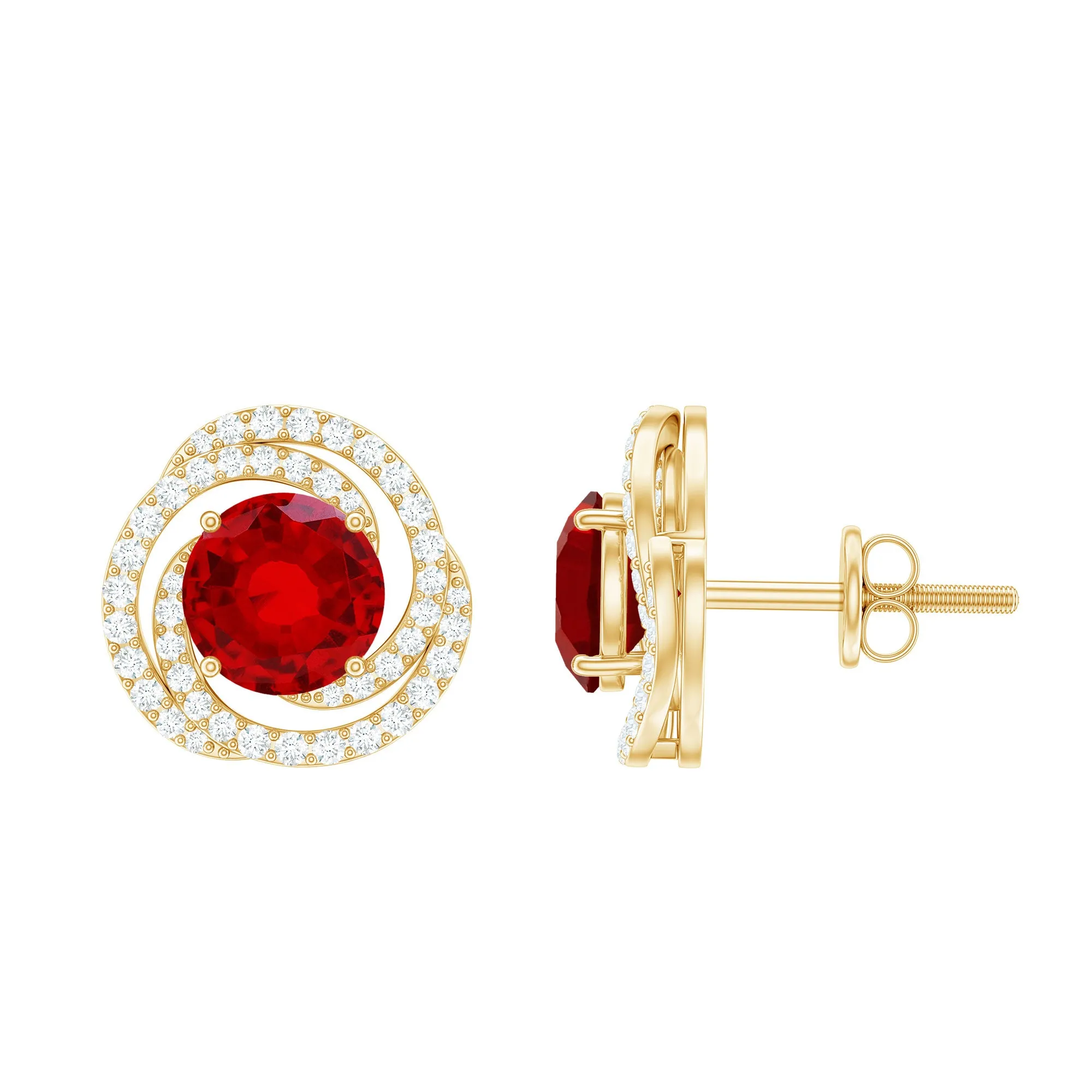 Round Created Ruby Braided Halo Stud Earrings with Diamond